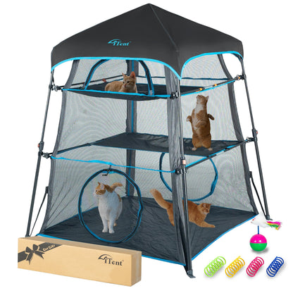 Itent X-Large Catio Outdoor Cat Enclosure,3 Tier Cat Tower Tent Weatherproof & Sunproof with Waterproof Floor & 3 Doors, Foladable and Portable for Patio, Deck,Camping, Indoor & Outdoor(Patented)+3 Tu