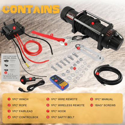 WildGear 10000LB Electric Winch 12V Series Wound Motor Synthetic Rope Wired & Wireless Remote Control Waterproof Trailer Winch for Jeep Off Road SUV Truck Boat