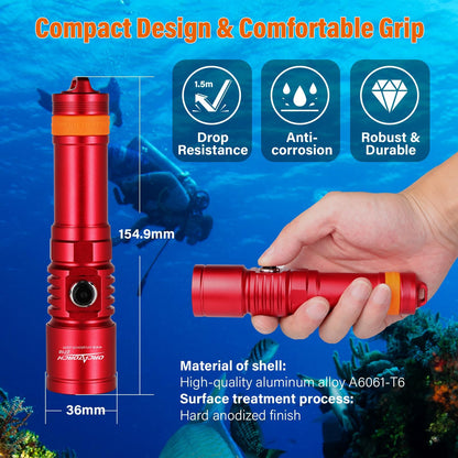ORCATORCH D710 Scuba Diving Light, 3000 Lumens Super Bright Underwater Flashlight with 6 Degrees Narrow Beam, IP68 Waterproof Night Dive Torch 150 Meters Submersible Light (Red)