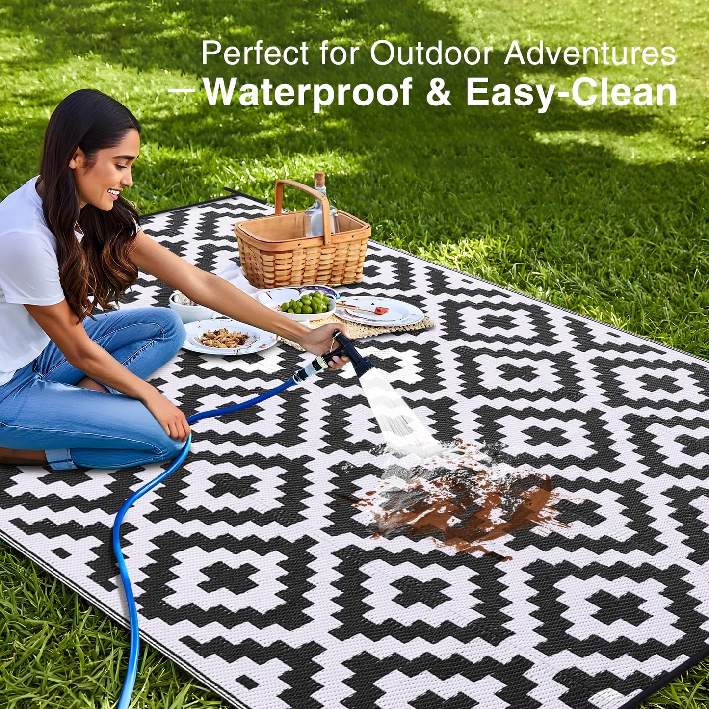 OLANLY Waterproof Outdoor Rug 9x18 ft, Outdoor Plastic Straw Rug for Camping, RV Mat Outside, Indoor Outdoor Carpet for Porch, Deck, Backyard, Balcony, Picnic, Black & White