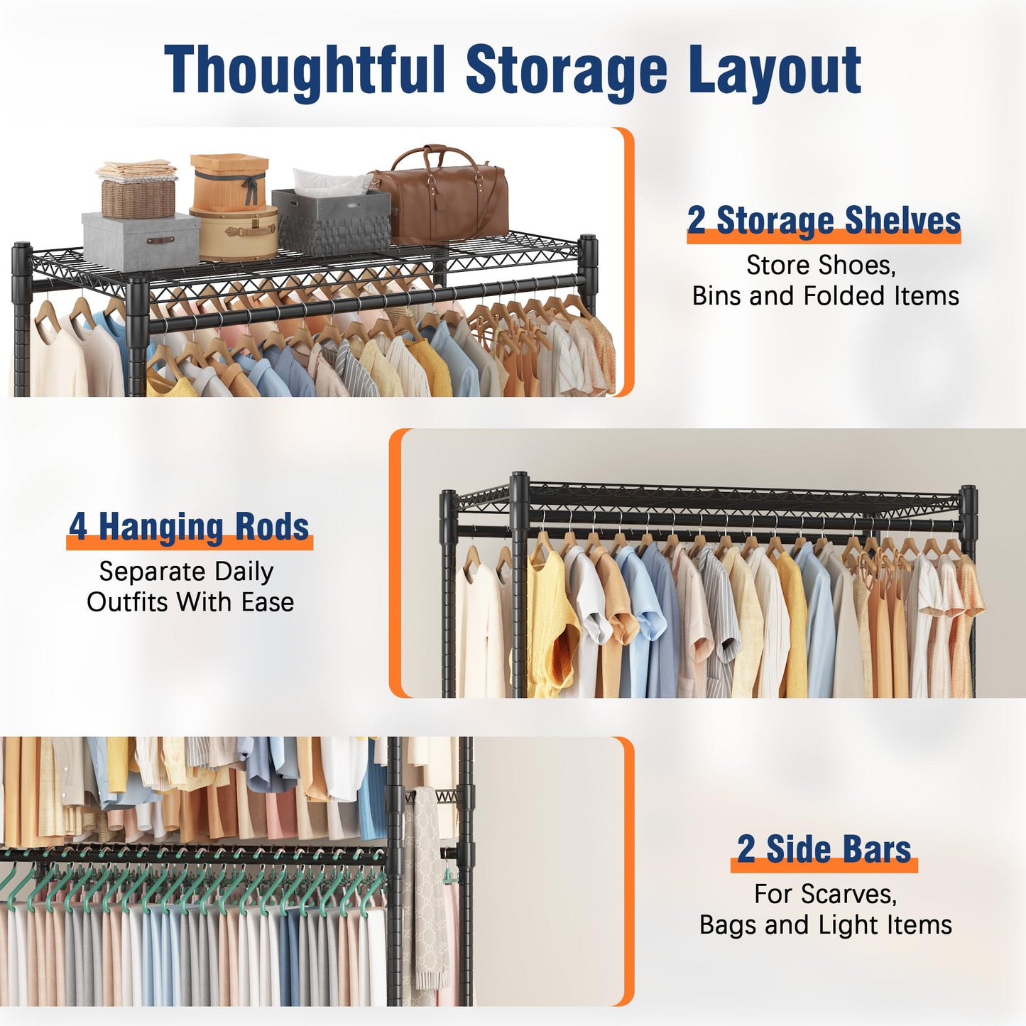 Homdox Heavy Duty Rolling Clothes Rack, Adjustable Clothing Rack for Hanging Clothes, Portable Closet Rack with 4 Hanging Rods, 2 Storage Shelves, 35.5" W x 20.5" D x 80" H, Black