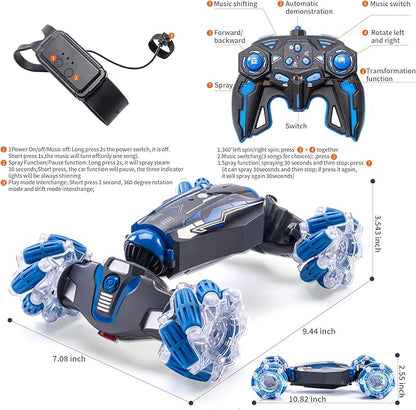 4WD Stunt Car 2.4 GHz Gesture Sensor RC Cars Double-Sided Vehicle 360° Flip RC Twist Buggy with Music Spray - Best Christmas and Birthday Present for Boys and Girls Aged 6-12 (Blue)