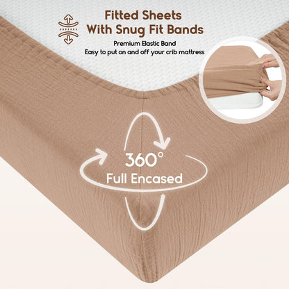 Yoofoss Muslin Crib Sheets for Boys Girls 100% Cotton Fitted Baby Crib Sheet 2 Pack Soft and Breathable for Standard Crib Mattress & Toddler Mattress 52"x28" Apricot&Green