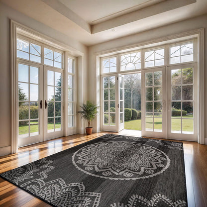 CAMILSON Outdoor Rug 8x10 Modern Area Rugs for Indoor and Outdoor Patios and Porches - Waterproof, Non-Shedding, Easy-to-Clean Outside Carpet (8 x 10, Medallion - Dark Grey/Light Grey)