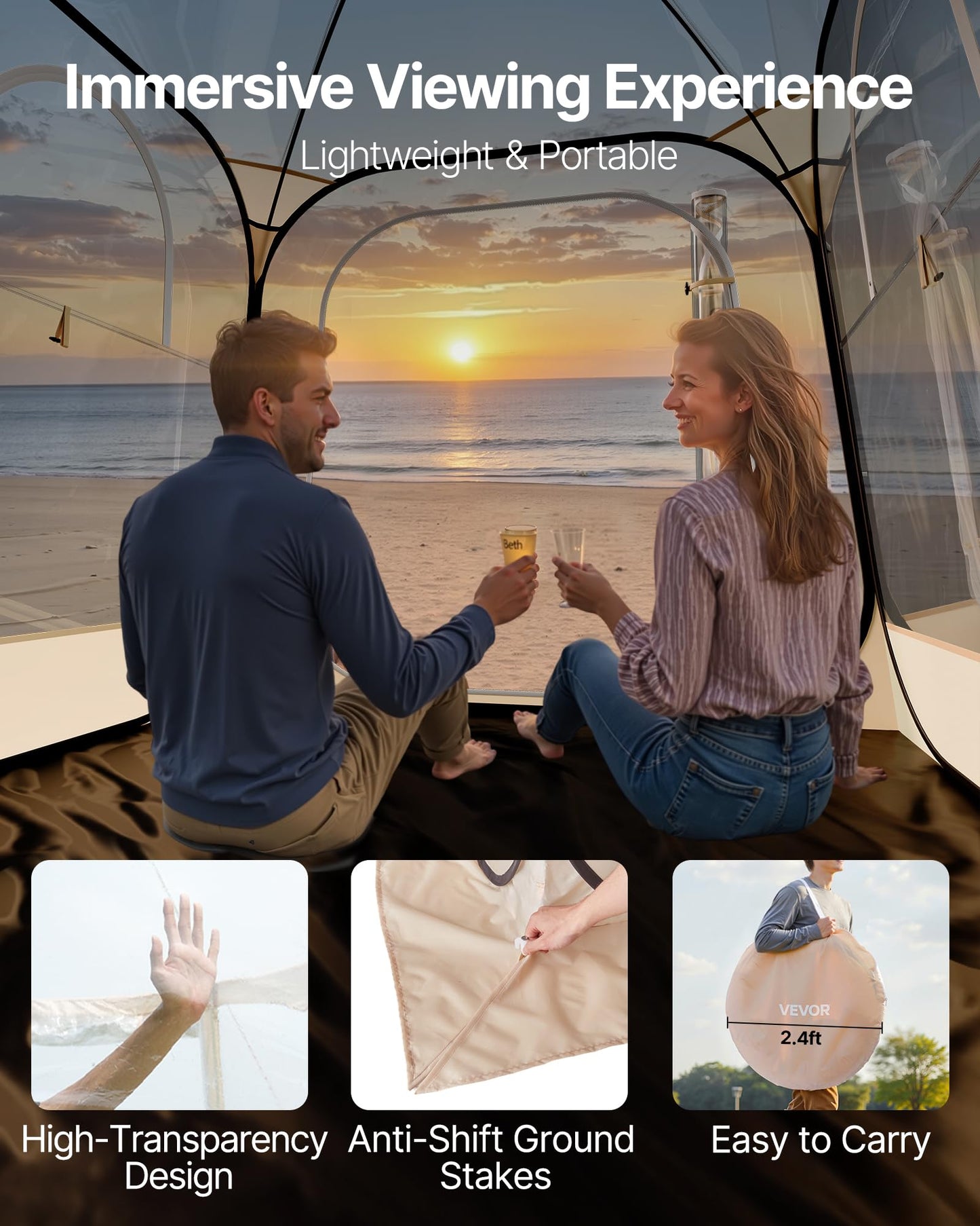 VEVOR Pop Up Sports Tent, 72" x72x76.8 Instant Weather Proof Clear Tent for 4–6 Persons, Portable Foldable Shelter with Removable Floor Mat & Top Cover, for Watching Sports Events, Camping, Fishing