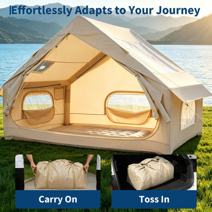 Inflatable Camping Tent for 2-6 Person, Quick Setup Blow Up Tent with Hand Pump, Waterproof 4 Season Air Glamping Tent with Skylight, Mesh Windows & Stove Jack, for Camping, Beach, Outdoor