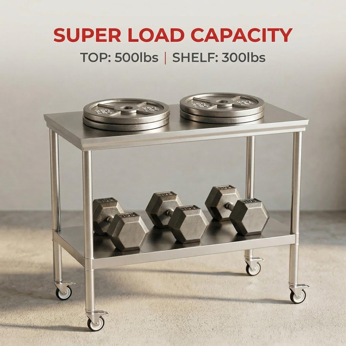 FITHOW Stainless Steel Pulley Workbench with Casters, 20 * 40 inches Commercial Heavy-Duty Workbench and Prep Table with Lower Shelf, Suitable for Restaurant Kitchens, Outdoor barbecues and garages