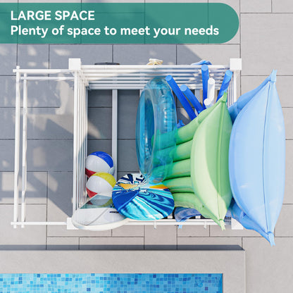 YITAHOME Pool Storage Bins with Towel Rack & 6 Moveable Hooks, Large Pool Noodle Holder Organizer, Outdoor Waterproof Poolside Float Storage for Goggles, Beach Balls, Floats Equipment
