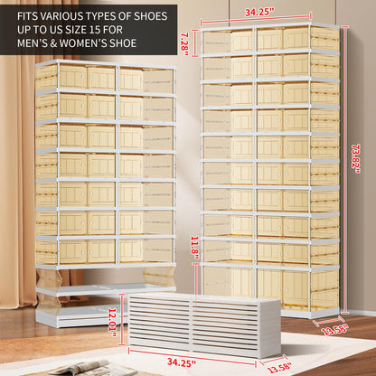 EHAMILY 10 Tiers 20-40 Pairs Foldable Shoe Rack for Closet Plastic Stackable Shoe Boxes for Garage Collapsible Shoes Shelf with Doors Storage Organizer Cabinet Quick Assembly,Brown