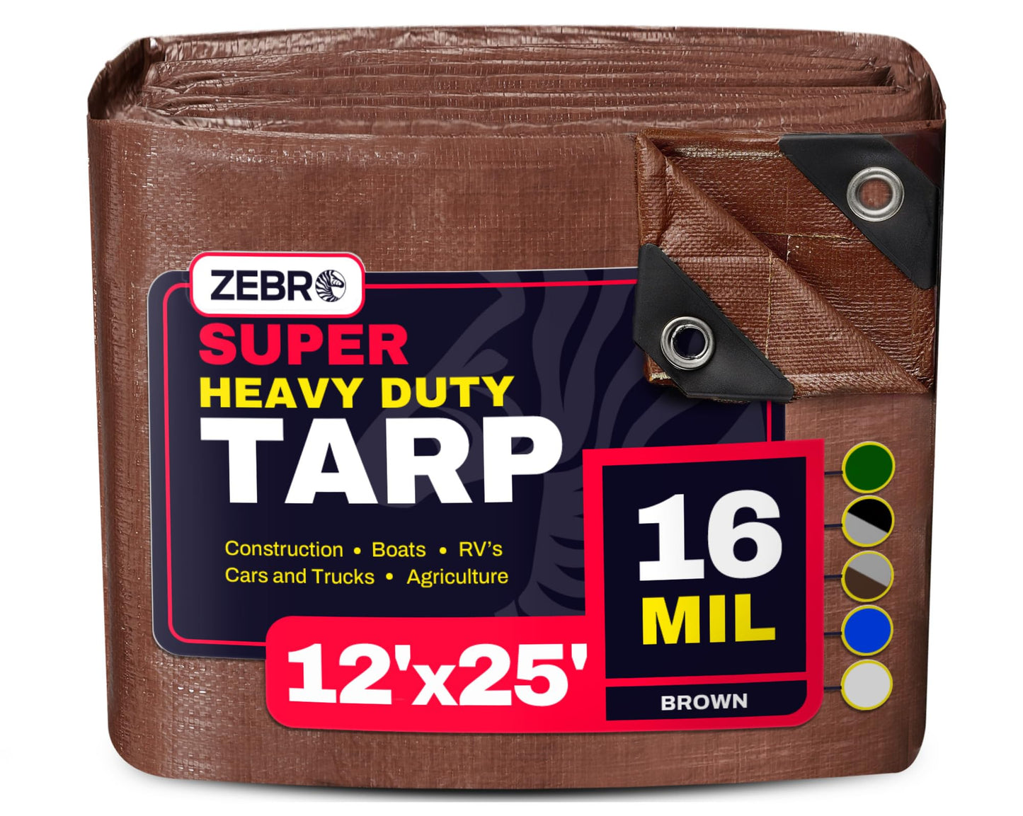 12' x 25' Brown Heavy Duty Tarp with Grommets Reinforced - 16 Mil Thick - Double Sided Plastic Tarps Waterproof - Large Tarpaulin Cover for Outdoor Camping Over/Under Tent Tarp RV Roof Rain - Zebro