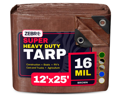 12' x 25' Brown Heavy Duty Tarp with Grommets Reinforced - 16 Mil Thick - Double Sided Plastic Tarps Waterproof - Large Tarpaulin Cover for Outdoor Camping Over/Under Tent Tarp RV Roof Rain - Zebro