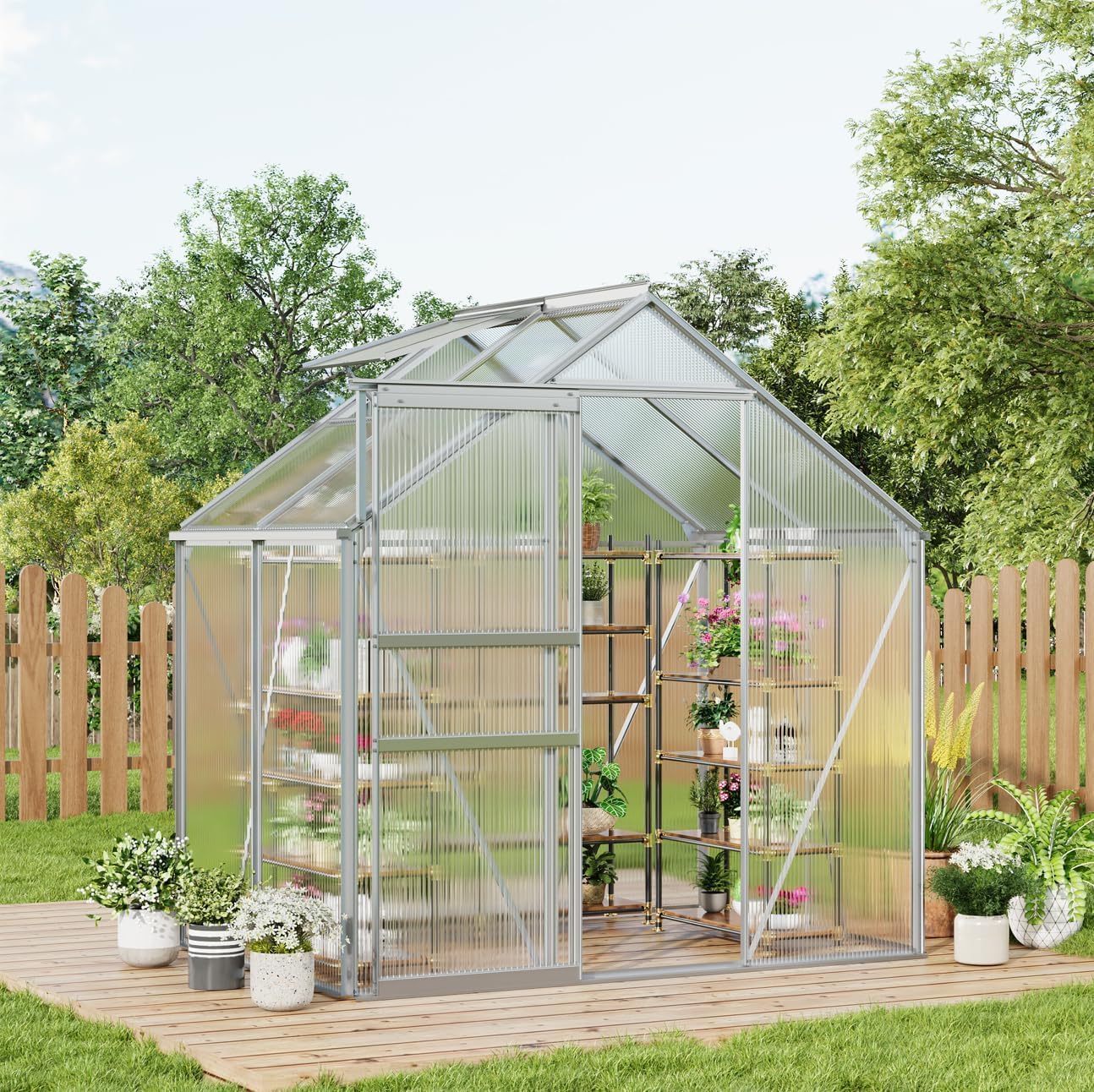 6x4FT Greenhouse for Outdoors, Walk-in Polycarbonate Greenhouse with Sliding Door, Adjustable Roof Vent & Gutter System, Portable Outdoor Green House Kit for Winter Gardening