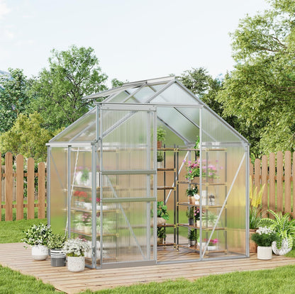 6x4FT Greenhouse for Outdoors, Walk-in Polycarbonate Greenhouse with Sliding Door, Adjustable Roof Vent & Gutter System, Portable Outdoor Green House Kit for Winter Gardening