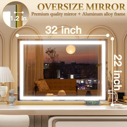 ROLOVE Vanity Mirror with Lights, 32" x 22" Large Lighted Vanity Mirror with Dimmable 3 Modes, LED Makeup Mirror, 10X Magnification, USB Charging Port, Tabletop or Wall-Mounted Square Gold