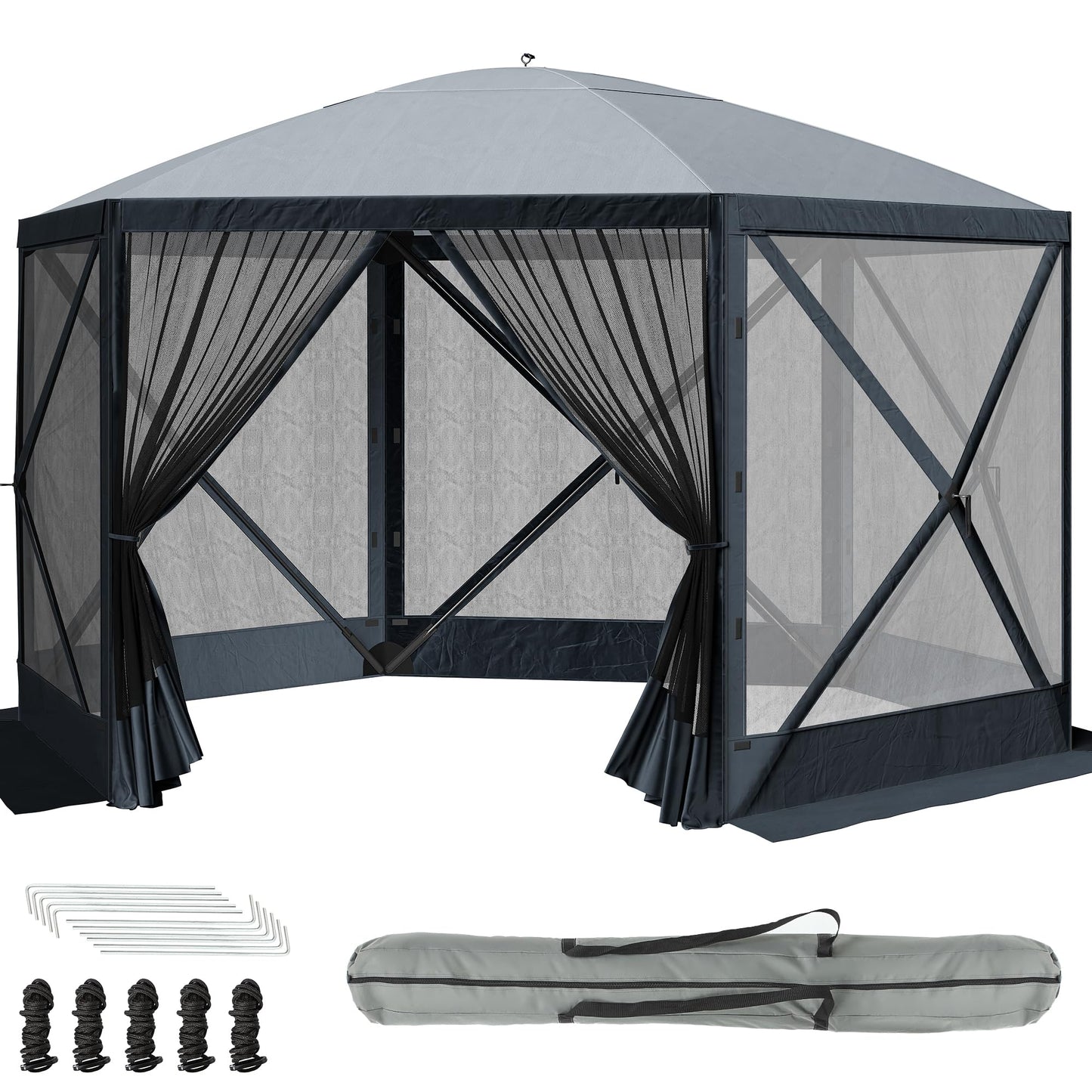 DWVO Gazebo Screen Tent, 11.5x11.5ft Instant Outdoor Portable Camping Screen House Canopy 6 Sided w/Mesh Windows & Carry Bag for Patio, Camping, Backyard, Grey