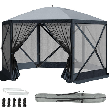 DWVO Gazebo Screen Tent, 11.5x11.5ft Instant Outdoor Portable Camping Screen House Canopy 6 Sided w/Mesh Windows & Carry Bag for Patio, Camping, Backyard, Grey