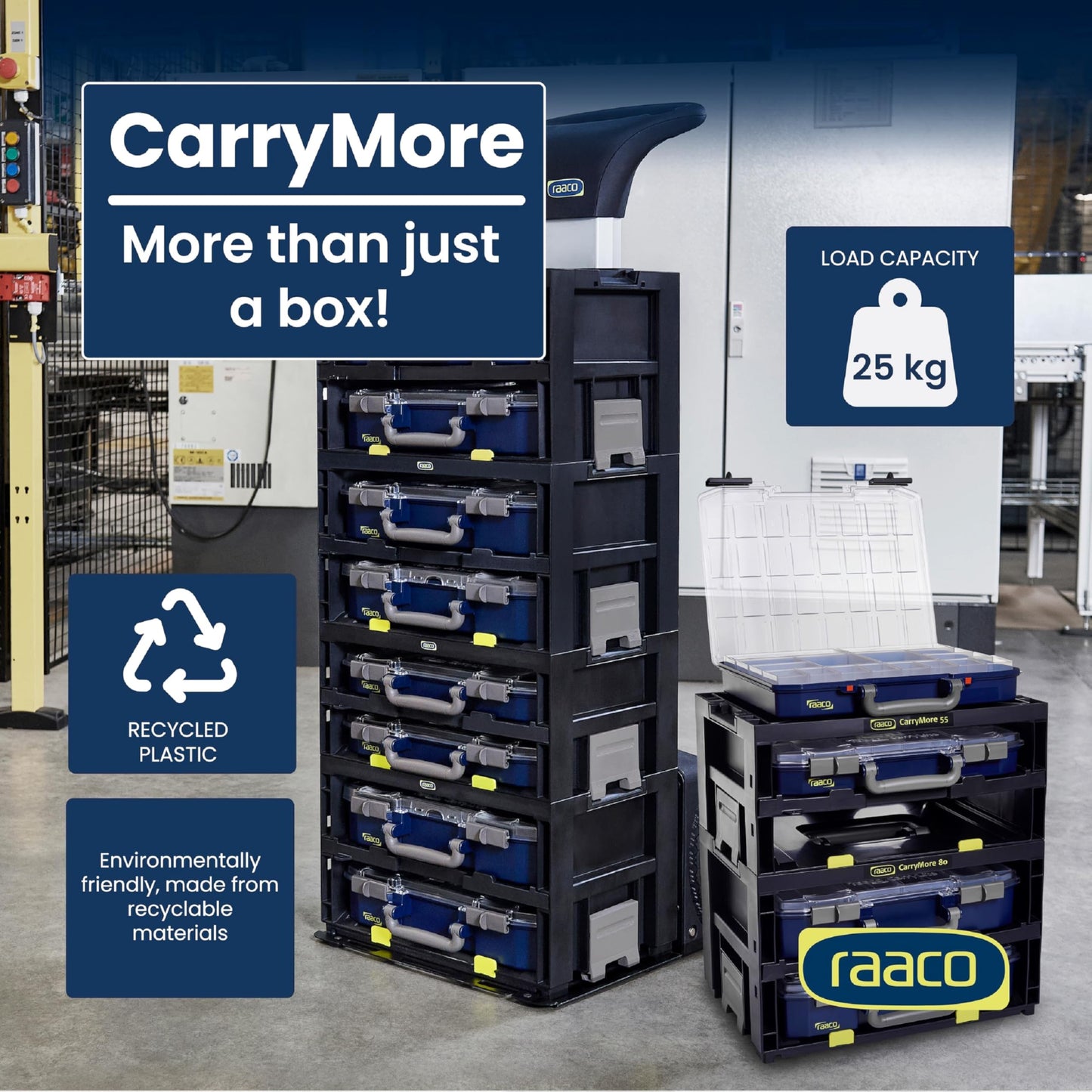Raaco CarryMore 55 Storage System – Includes 2 CarryLite Slim 2.3 Inch Height Organizers (16 Inserts Each) – Stackable Modular Tool Storage Unit – Portable Hardware & Parts Organizer (2X CarryLite 55)