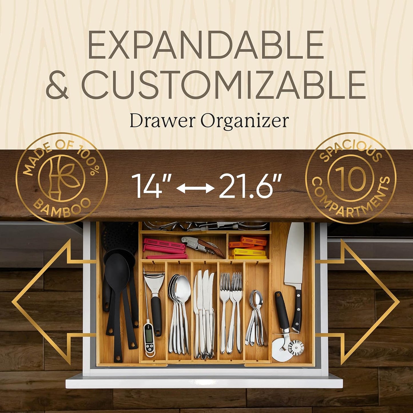 Night Tree Silverware Drawer Organizer - Extra Deep Bamboo Flatware Tray with Adjustable Dividers (14"-21.6" Wide)