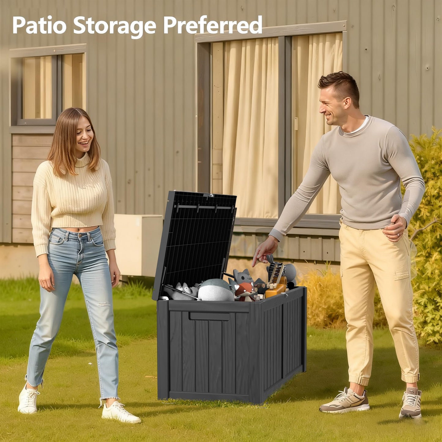 Zapdos Outdoor Storage Box, 120 Gallon Deck Box with Stainless Steel Rods, Waterproof Large Resin Storage Bin for Patio Cushions Garden Tools, Lockable Outside Storage Box, Black