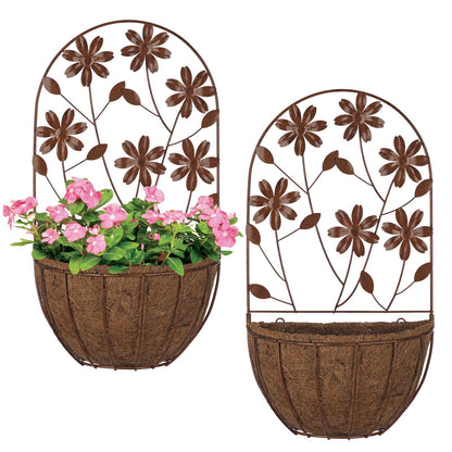 BAYN 2PKs Wall Hanging Planter Decor Art with Flower, Metal Wall Mounted Planters Indoor Outdoor Wall Planter for Succulent Herb Home Garden Yard