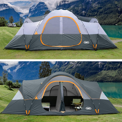 UNP Camping Tent 10-Person-Family Tents, Parties, Music Festival Tent, Big, Easy Up, 5 Large Mesh Windows, Double Layer, 2 Room, Waterproof, Weather Resistant, 18ft x 9ft x78in (Gray)
