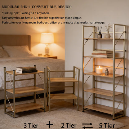 Kogven Folding Bookshelf, 2-in-1 Convertible Design, Multifunctional Plant Stand Storage Rack Shelves for Home Office, Easy Assembly, 5-Tier,Gold & Nature Wood