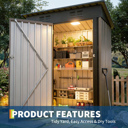 5x3Ft Outdoor Storage Shed, Metal Tool Shed with Lockable Door & Sloped Roof, Weatherproof, Compact Garden Storage Shed for Backyard, Patio, Lawn, or Tools & Equipment, Brown