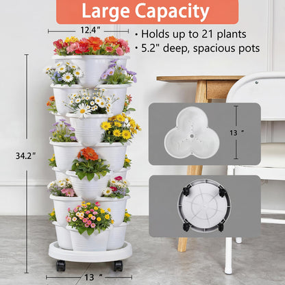 VECELO 7 Tier Vertical Garden Planter, Self Watering Stackable Planters with Wheels for Strawberries, Herbs, Flowers, Vegetables, White