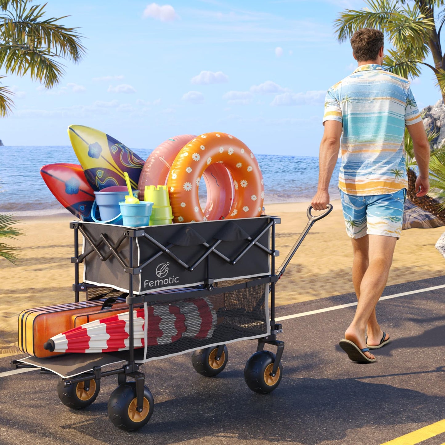 Beach Wagon with Big Wheels for Sand,Heavy Duty Double Decker Wagon with Extender,400L Extra Large Foldable Wagon Cart with 9" All Terrain Inflatable Tires,for Beach Camping Garden and Sports, Black