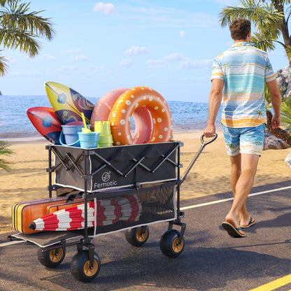 Beach Wagon with Big Wheels for Sand,Heavy Duty Double Decker Wagon with Extender,400L Extra Large Foldable Wagon Cart with 9" All Terrain Inflatable Tires,for Beach Camping Garden and Sports, Black