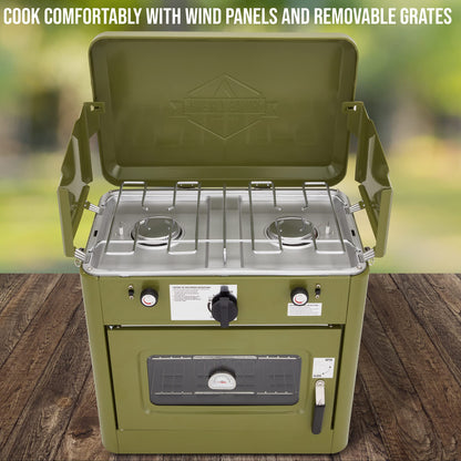 Hike Crew Outdoor Gas Camping Oven w/Carry Bag | CSA Approved Portable Propane-Powered 2-Burner Stove & Oven | Auto Ignition, Overheat Safety Shutoff, Built-In Thermometer | Hose & Regulator Included