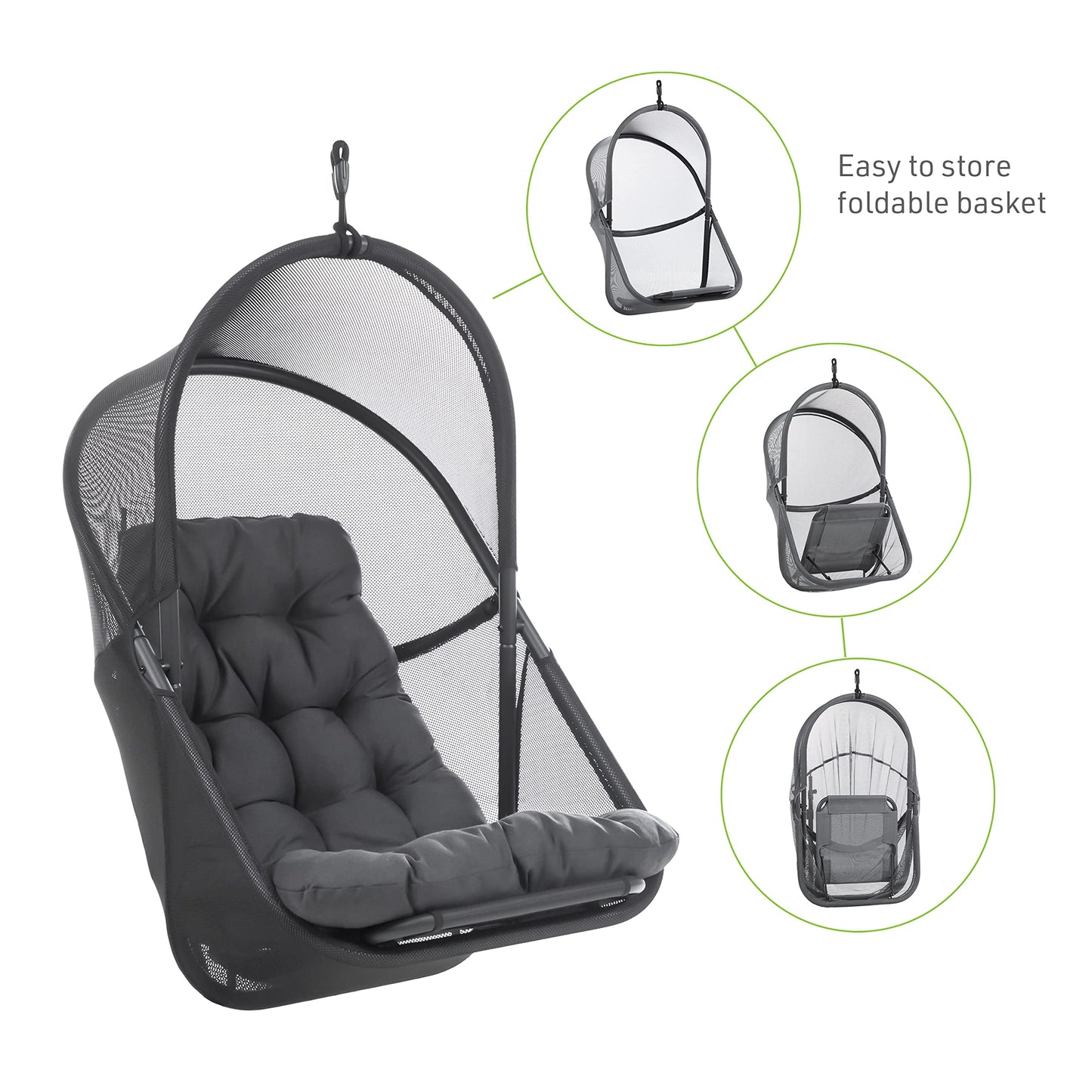 Greemotion Breeze Outdoor Foldable Mesh Fabric Hanging Chair Swing Hammock Egg Chairs UV Resistant with Base, 220 lbs Capacity for Patio Backyard, Balcony, Garden, Dark Gray