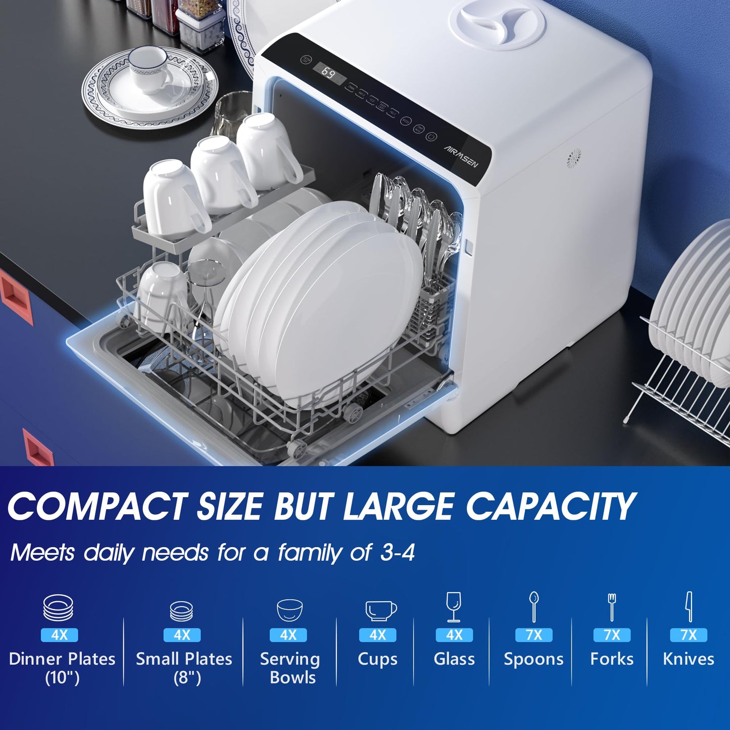 Portable Countertop Dishwashers, 5 Washing Programs Mini Dishwashers with 5 L Built-in Water Tank and Double-layered Glass Door, No Hookup Needed for Home, Apartments & RVs