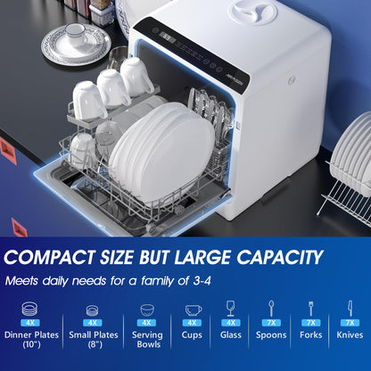 Portable Countertop Dishwashers, 5 Washing Programs Mini Dishwashers with 5 L Built-in Water Tank and Double-layered Glass Door, No Hookup Needed for Home, Apartments & RVs