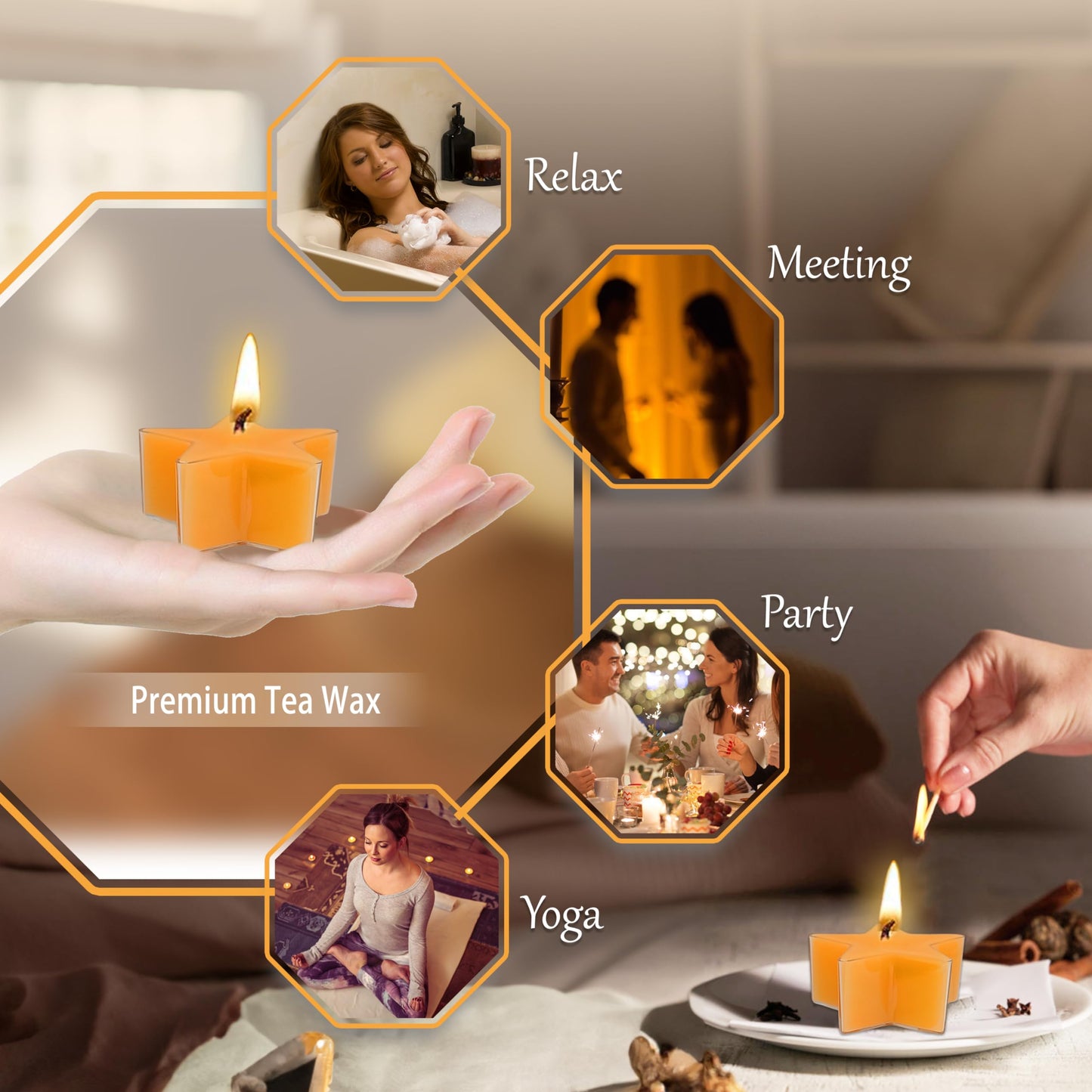 Tea Lights Gradation Orange Star Tea Candles Set of 12 – Tealight Candles with Citrus Scent, Long Burning Handmade Tealights for Wedding Meditation Home Decor Gift