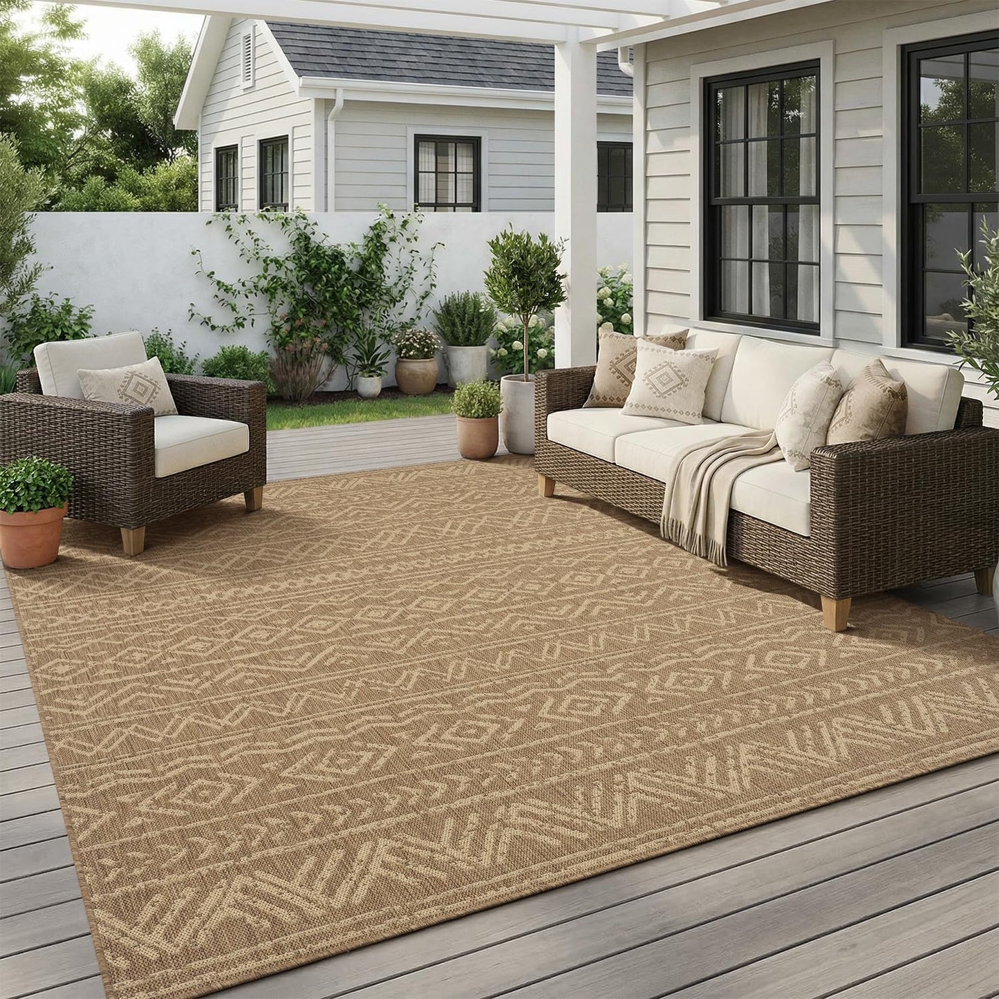 MontVoo-Outdoor Rug-Patio Rug 8x10 Polypropylene Indoor Outdoor Rug Outdoor Carpet for Patio Deck Balcony Porch, Textured Weave, Durable for High Traffic, Fade-Resistant, Boho Farmhouse Neutral Brown