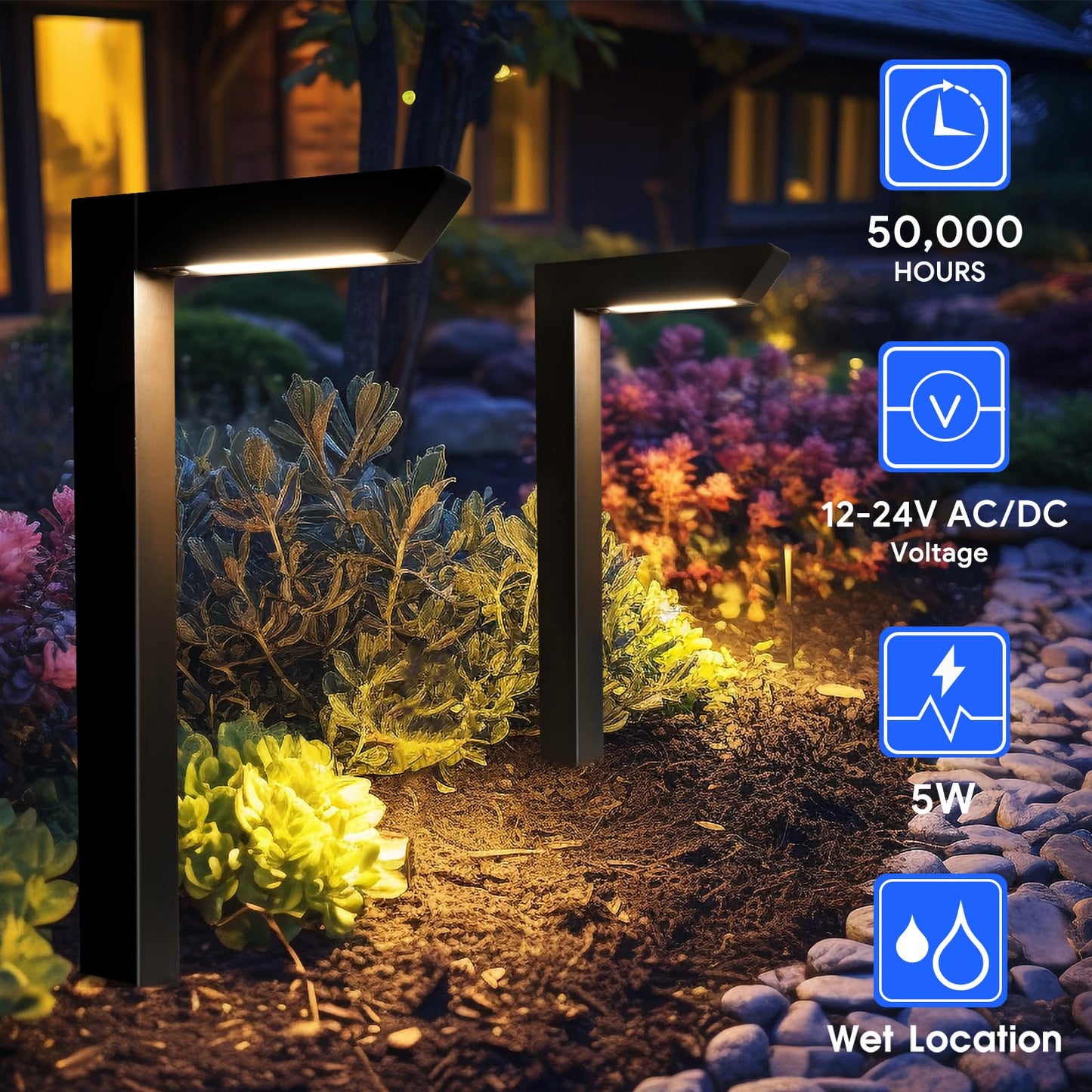 Energetic 5CCT Low Voltage Landscape Lights, 5W 200LM IP65 Waterproof LED Pathway Lights, 50000 Hrs, Outdoor Landscape Lighting, Square Modern Side Lit, Die-cast Aluminum Housing, ETL, Black, 6 Pack