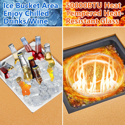 GarveeLife 56" Propane Fire Pit Table with Ice Bucket，50000BTU Fire Table with 13" Square Drink Ice Bucket Wind Guard, Fire Glass Beads & CSA Safety Certified Outdoor Firepit for Patio Garden(Orange)