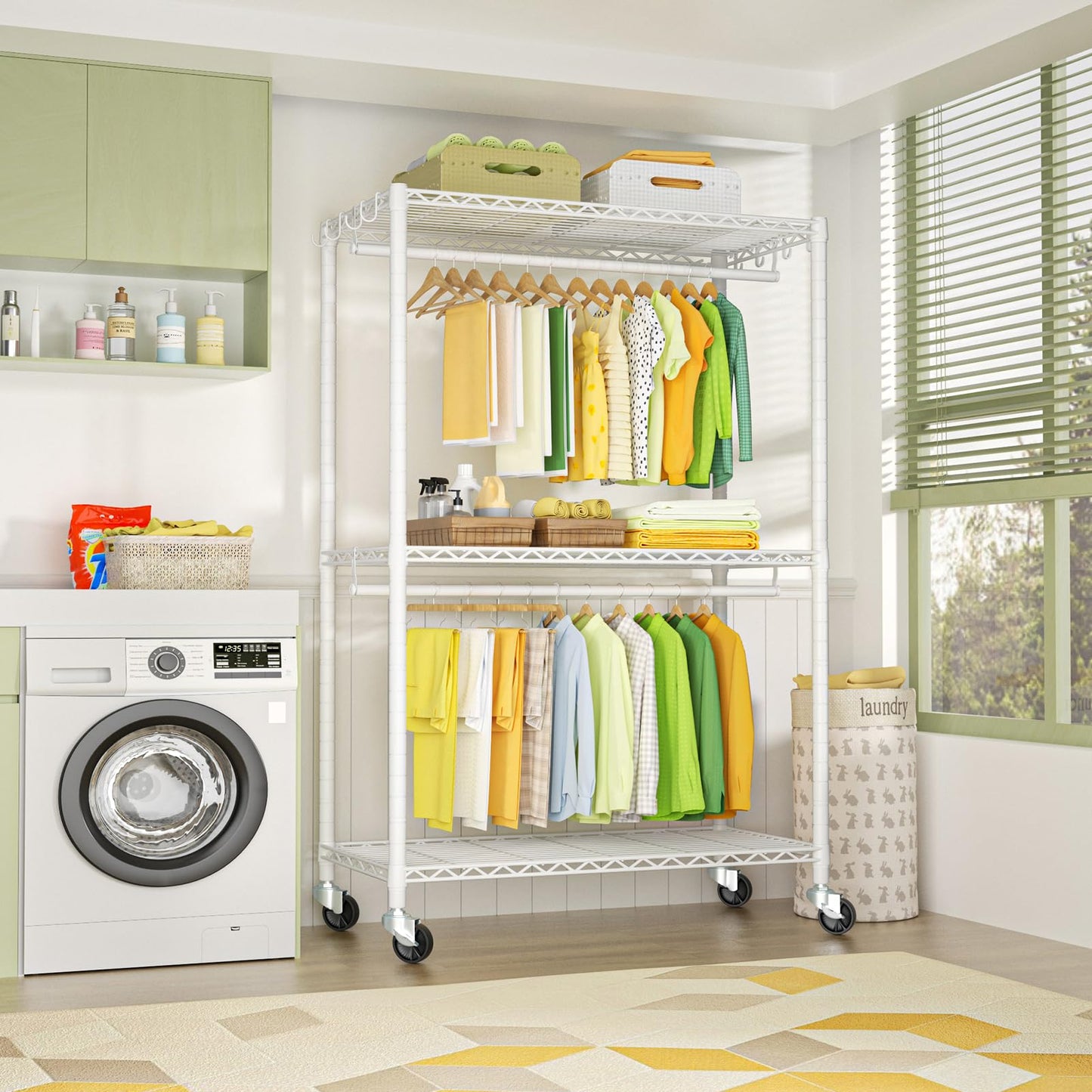 FUTASSI P3 Plus Rolling Clothes Rack, Clothing Racks for Hanging Clothes, Heavy Duty Garment Rack with Wheels, Freestanding Portable Closet Racks 45" W x 14" D x 78.5" H, Max Load 480 LBS, White
