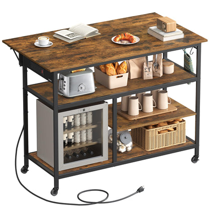 VASAGLE Kitchen Island with Drop Leaf, 47.2" Width Rolling Kitchen Cart with Power Strip, Extendable Worktop, Workbench,Pegboard, Adjustable Shelf, Rustic Brown and Ink Black UKKI013K01