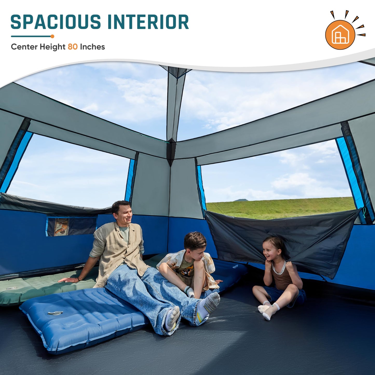 Camping Tent, Instant Cabin Tents for Camping, 8-Person Family Tent, Easy Setup in 60 Seconds with Porch, Large Waterproof Tents for Outdoor Camping, 5 Mesh Windows, Upgraded Ventilation (Blue)