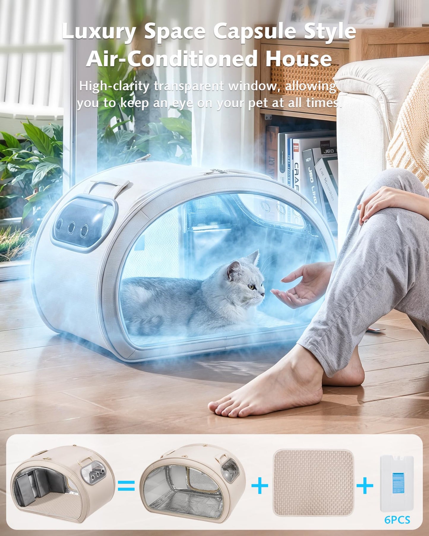 Pecute Cooling Cat House, with Cooling Mat for Small Dogs, Indoor Cat Bed with Insulation and 6 ice Packs Cooling for Cat and Dog, Foldable Outdoor Cat House for Hot Summer Days, M, Cream