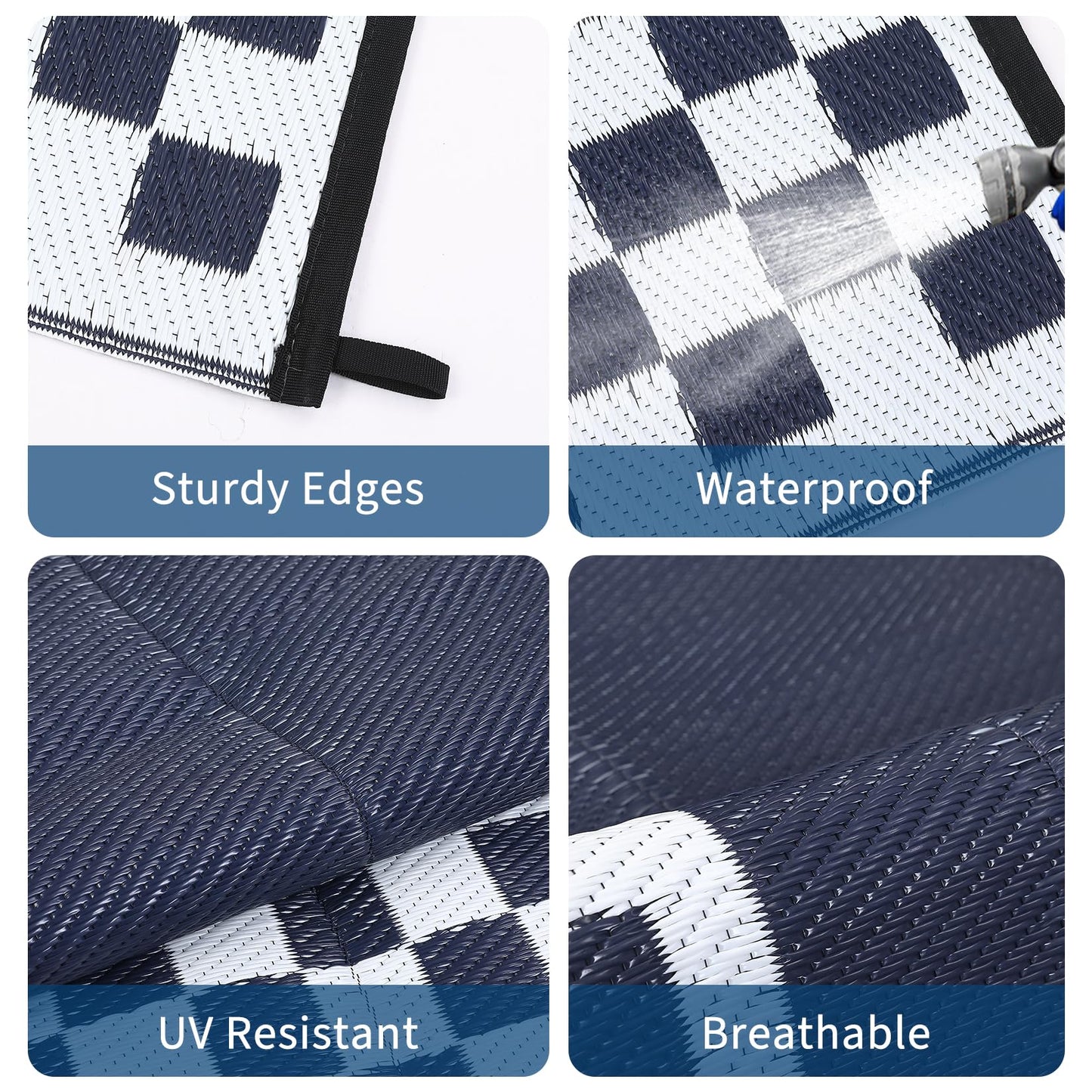 LUXLOOM 9x18 Outdoor Rug Waterproof Large Camping Rugs Reversible Plastic Straw RV Mat, Foldable Fade-Proof & Hose-cleanable Outdoor Carpet with Stakes & Carry Bag for Patio Deck Beach Blue White