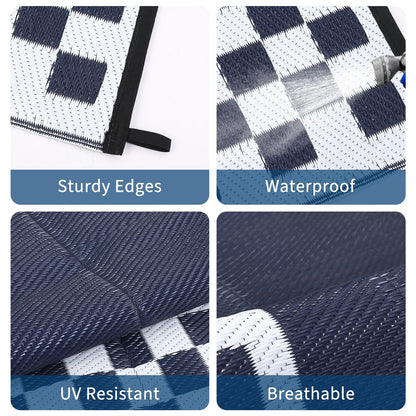 LUXLOOM 9x18 Outdoor Rug Waterproof Large Camping Rugs Reversible Plastic Straw RV Mat, Foldable Fade-Proof & Hose-cleanable Outdoor Carpet with Stakes & Carry Bag for Patio Deck Beach Blue White