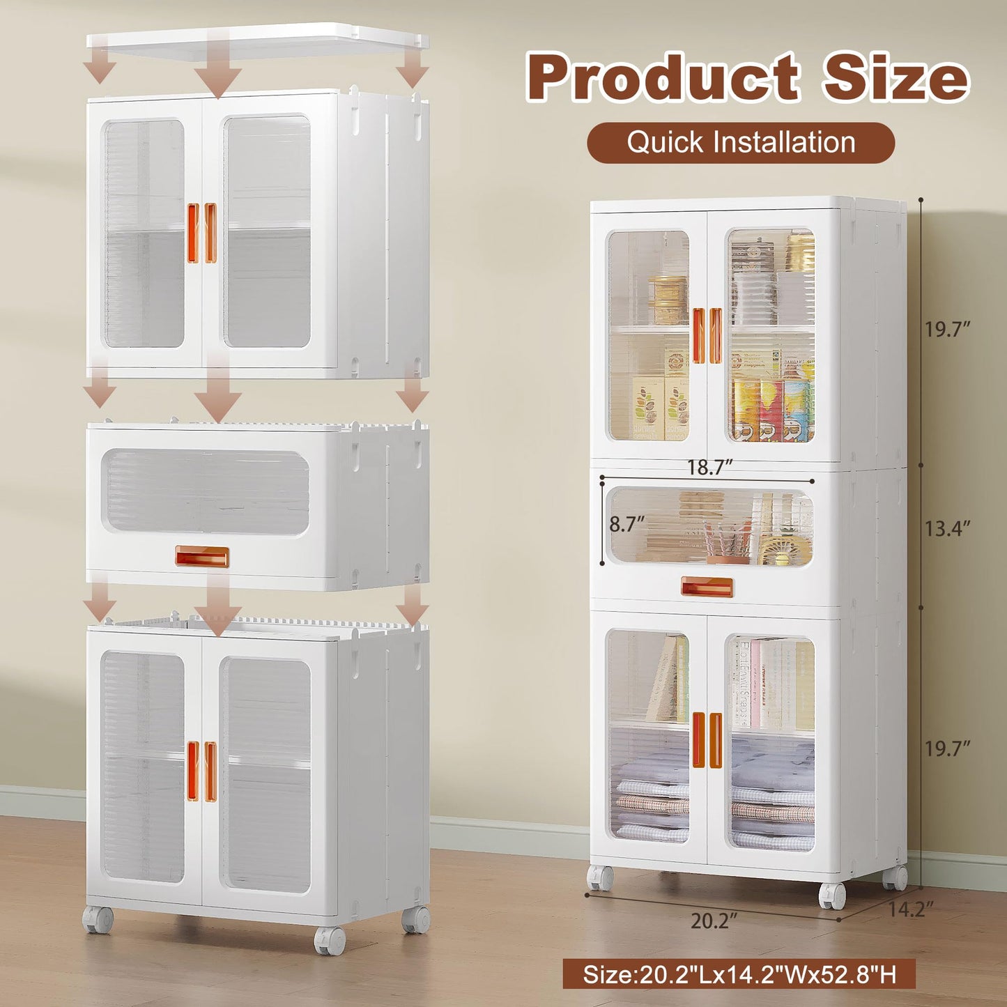VECELO 226QT Stackable Storage Bins with Lids, Large Collapsible Storage Bins with Drawer and Movable Wheels, Adjustable Shelves, Anti-Tip, for Living Room, Bedroom, Kitchen, White