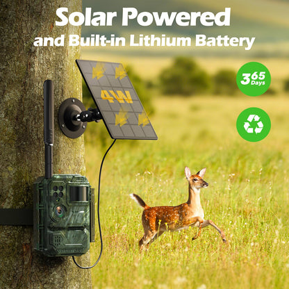 4G LTE Cellular Trail Camera with Pre-installed SIM Card, 2K Live Streaming, Solar Powered, Low Glow Night Vision, Remote Access, Motion Activated, Two-Way Audio Game Camera for Outdoor Security