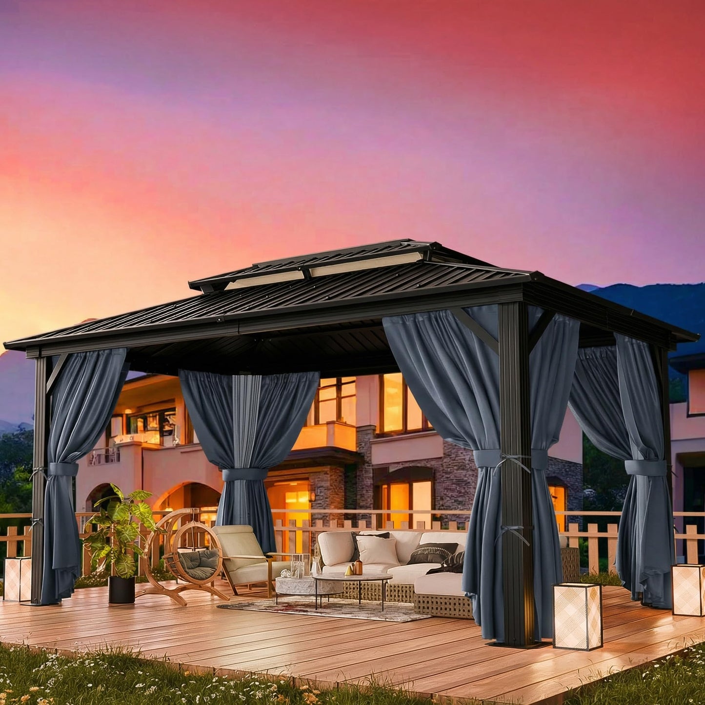 HOTEEL 10x12 Hardtop Gazebo on Clearance with Heavy Duty Galvanized Steel Double Metal roof,Aluminum Frame,Patio Hard Top Screened in Gazebo with Curtains,Outdoor Permanent Pavillon for Backyard,Gray