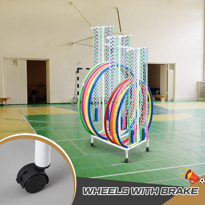 Duraaamo PVC Hoop Cart Plastic Jump Rope Rack with Wheels Movable Hoop and Rope Holder PE Equipment Stand for Storage Indoor Outdoor Sports Elementary School Gear, 28 x 18 x 69 Inch