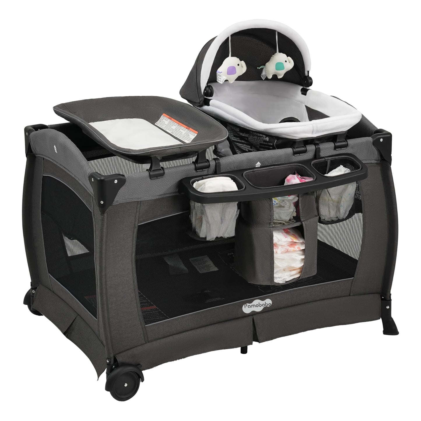 Pamo Babe Pack and Play 4-in-1 Baby Playard with Bassinet & Changing Table, Foldable Portable Playpen with Mattress, Nursery Center for Newborn to Toddler 0-36M-Black