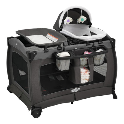 Pamo Babe Pack and Play 4-in-1 Baby Playard with Bassinet & Changing Table, Foldable Portable Playpen with Mattress, Nursery Center for Newborn to Toddler 0-36M-Black